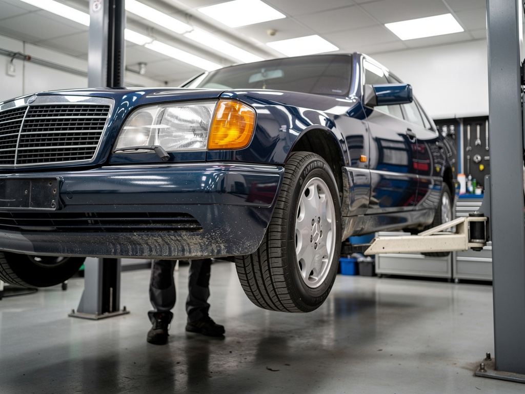 Mercedes-Benz W140 на подъёмнике во время осмотра