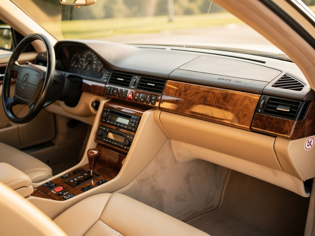 Центральная консоль Mercedes-Benz W140 с панелью климат-контроля, ореховым шпоном и приборной панелью