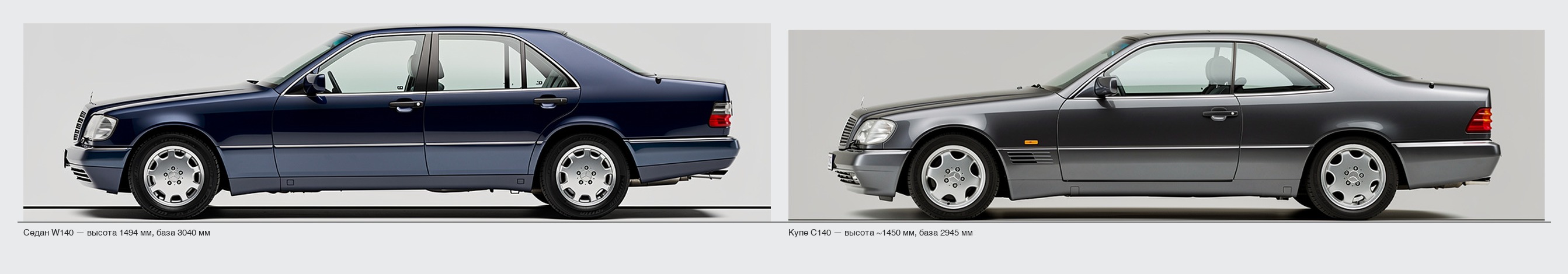 Седан W140 и купе C140 в одинаковом ракурсе сбоку на одной линии земли — видна более низкая покатая крыша купе и отсутствие центральной стойки кузова