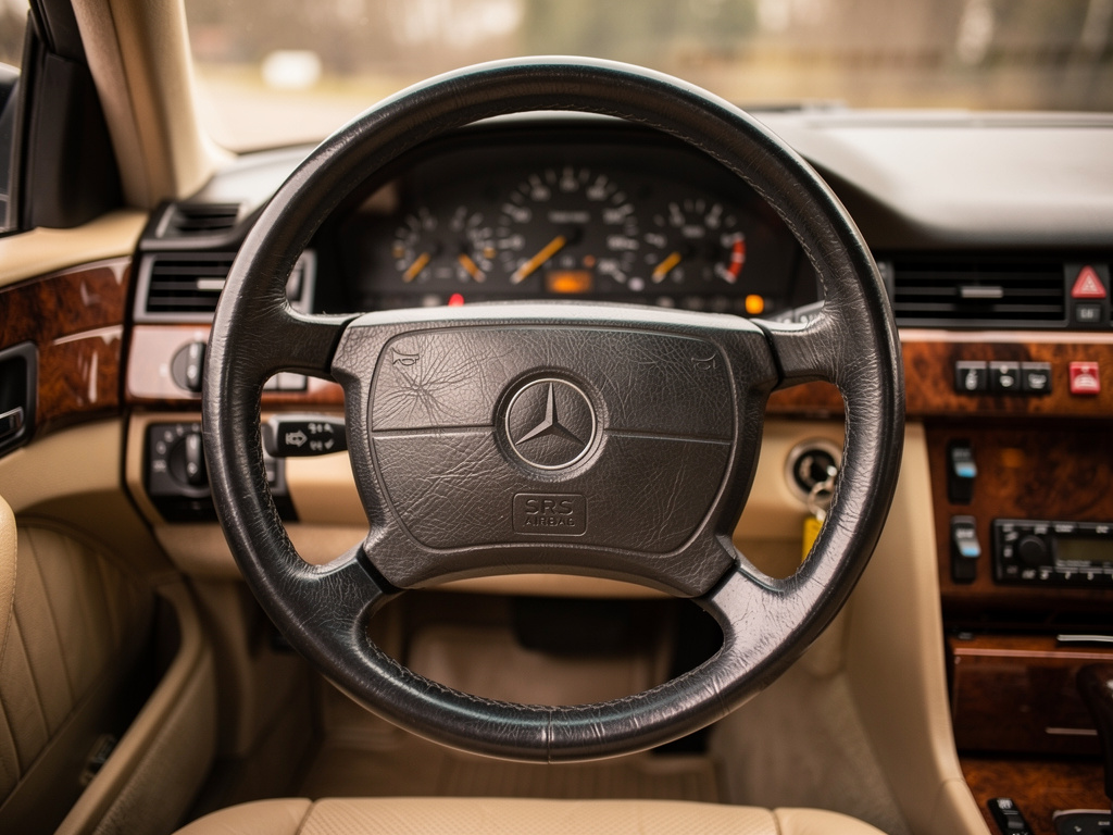 Рулевое колесо и приборная панель Mercedes-Benz W140 в салоне, вид от места водителя