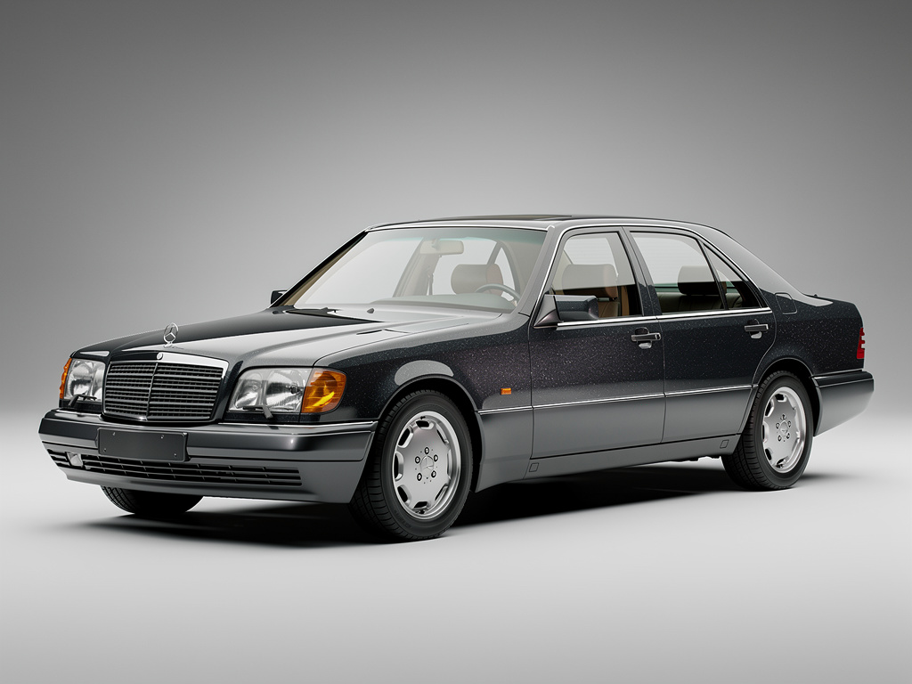 Студийная фотография седана Mercedes-Benz S600 (W140) с мотором V12 M120, вид спереди сбоку