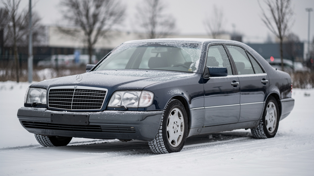 Mercedes-Benz W140 седан зимой на снегу, вид спереди сбоку