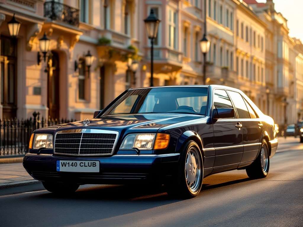 Mercedes-Benz W140 на вечерней улице в классической европейской застройке