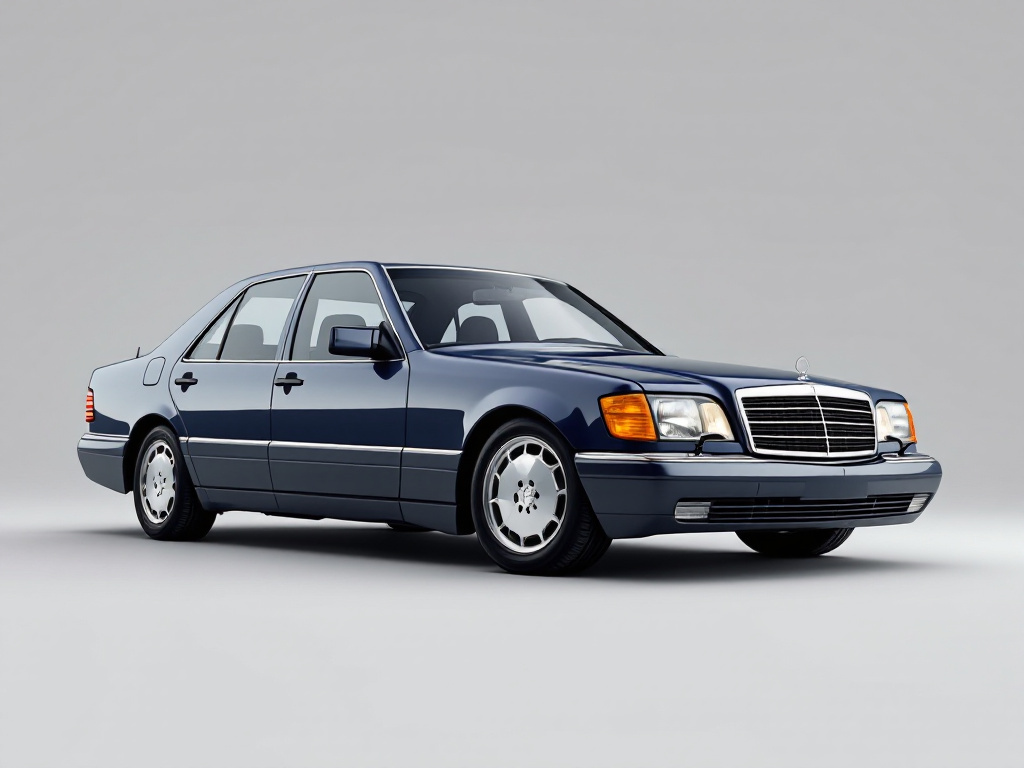 Профиль седана Mercedes-Benz W140 в студийной съёмке — видны пропорции кузова и дизайн боковой линии